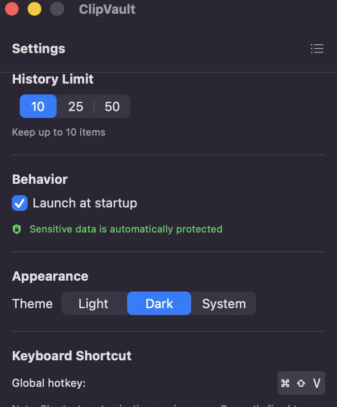 ClipVault settings interface