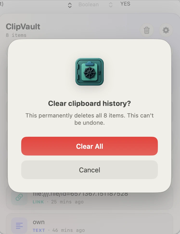 ClipVault clear history confirmation