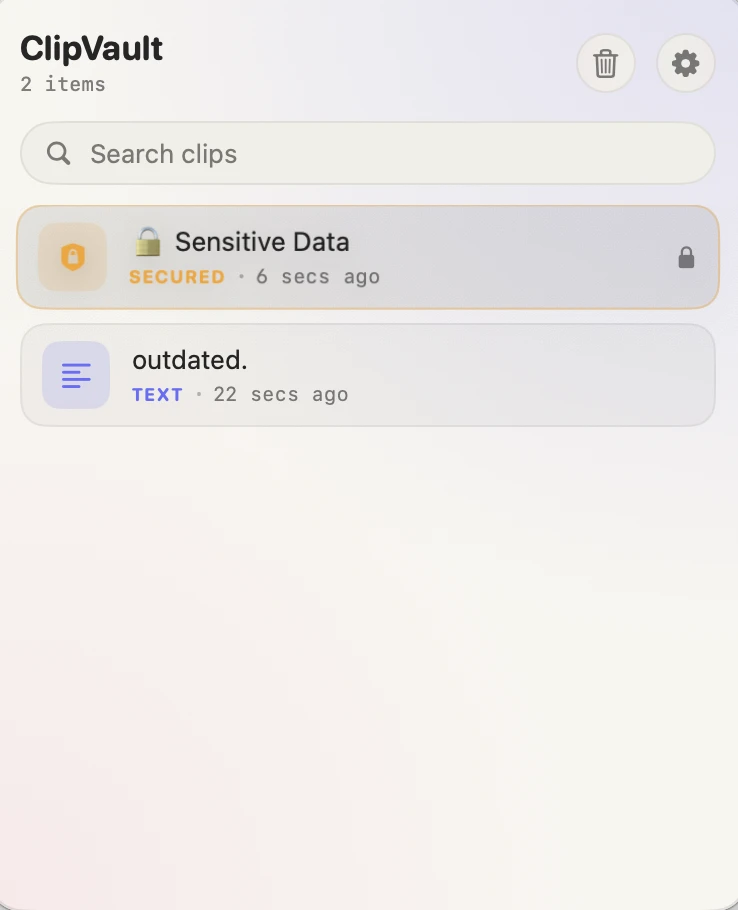 ClipVault showing clipboard history with a secured item and a text clip