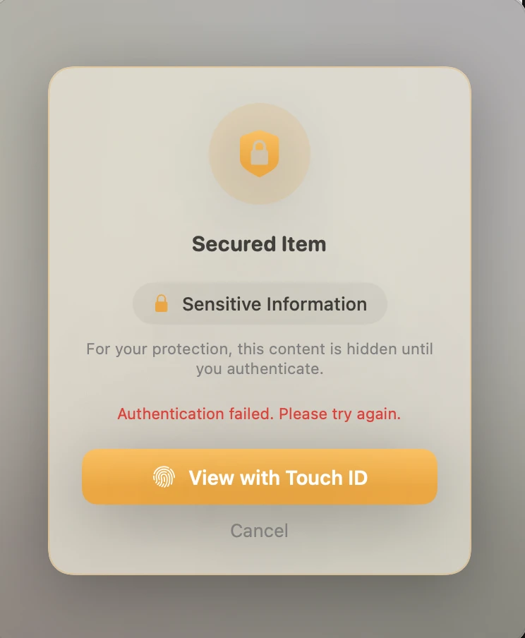 ClipVault asking for Touch ID to reveal a secured item