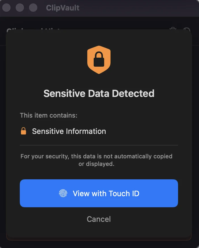 ClipVault protecting sensitive data with Touch ID