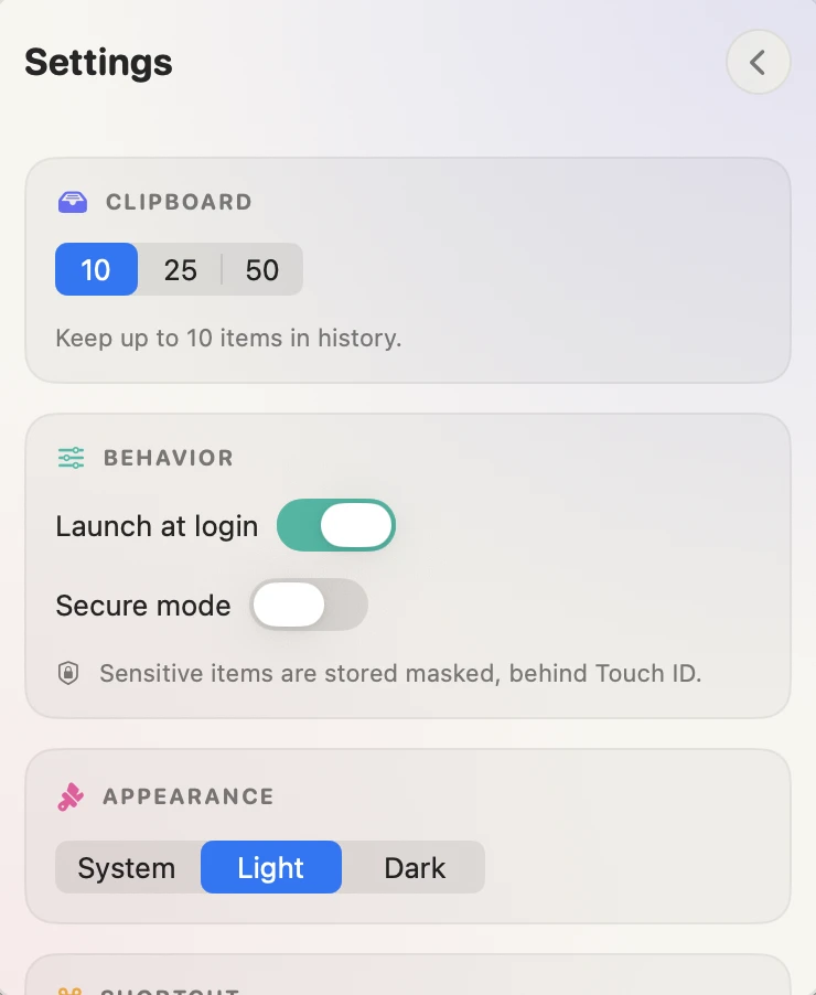 ClipVault settings with history size, behavior, and appearance